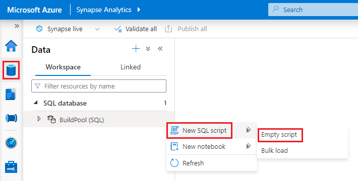 该屏幕截图显示了如何从 Synapse Studio 创建新的空 SQL 脚本。