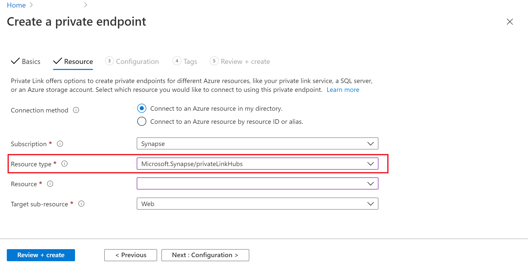 Screenshot that shows the 'Create a private endpoint' page with 'Resource type' highlighted.