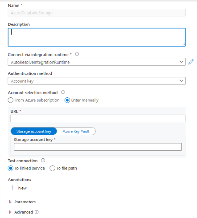 Screenshot of creating a linked service using an ADLS Gen2 storage access key.