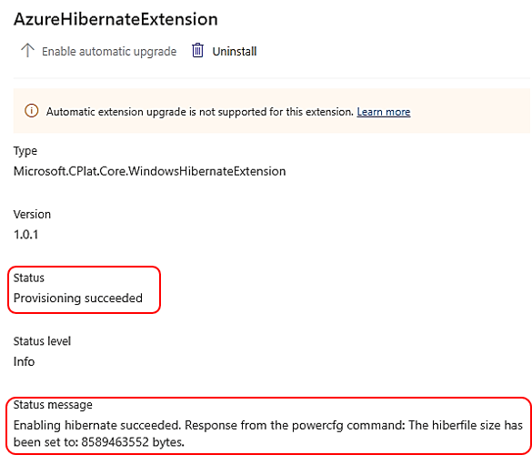 Windows VM 预配成功的状态和状态消息报告的屏幕截图。