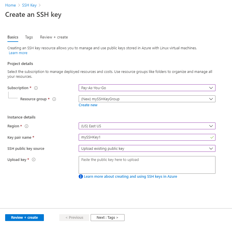 上传要存储在 Azure 中的 SSH 公钥