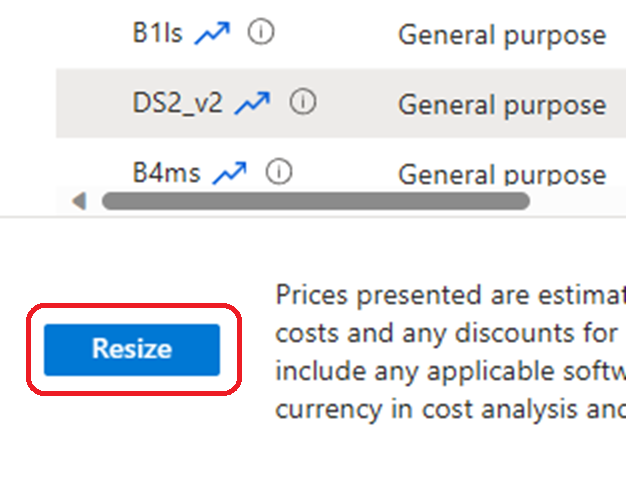 Azure 门户中“重设大小”按钮的屏幕截图。