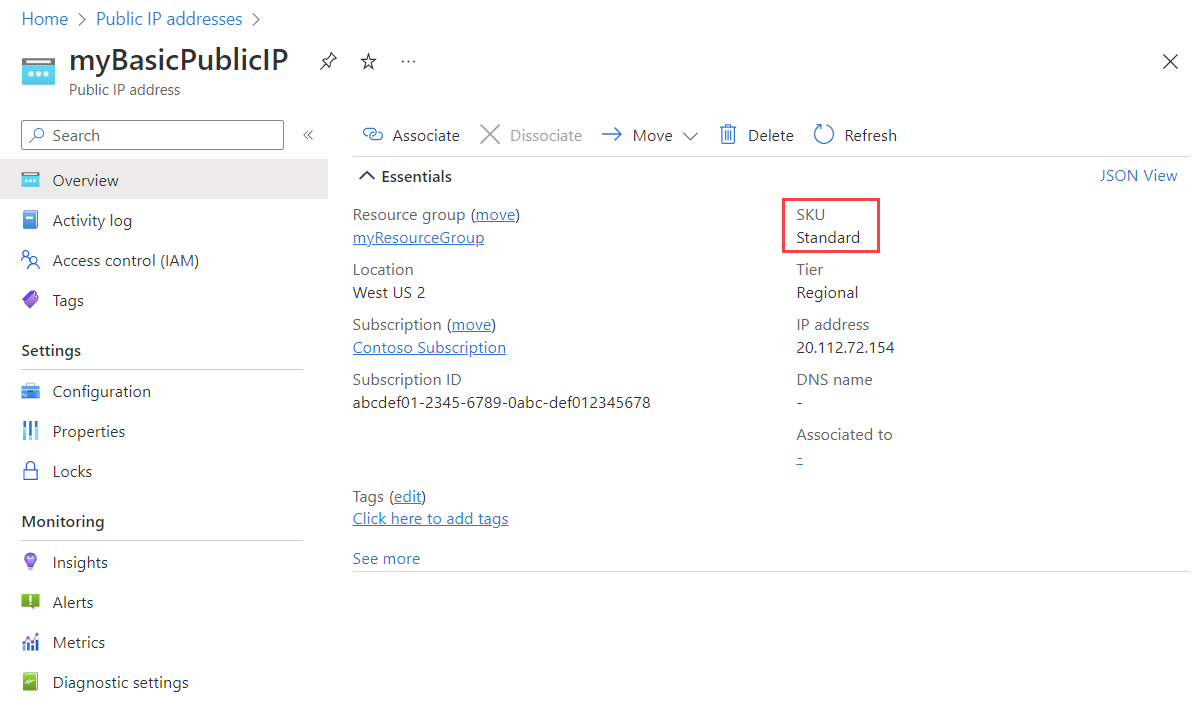 屏幕截图显示公共 IP 地址为标准 SKU。