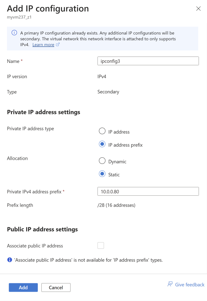 为专用 IP 地址块添加静态 IP 配置的屏幕截图。