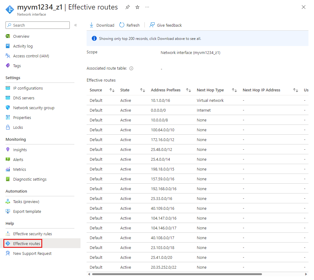 Screenshot of the effective routes for a network interface.