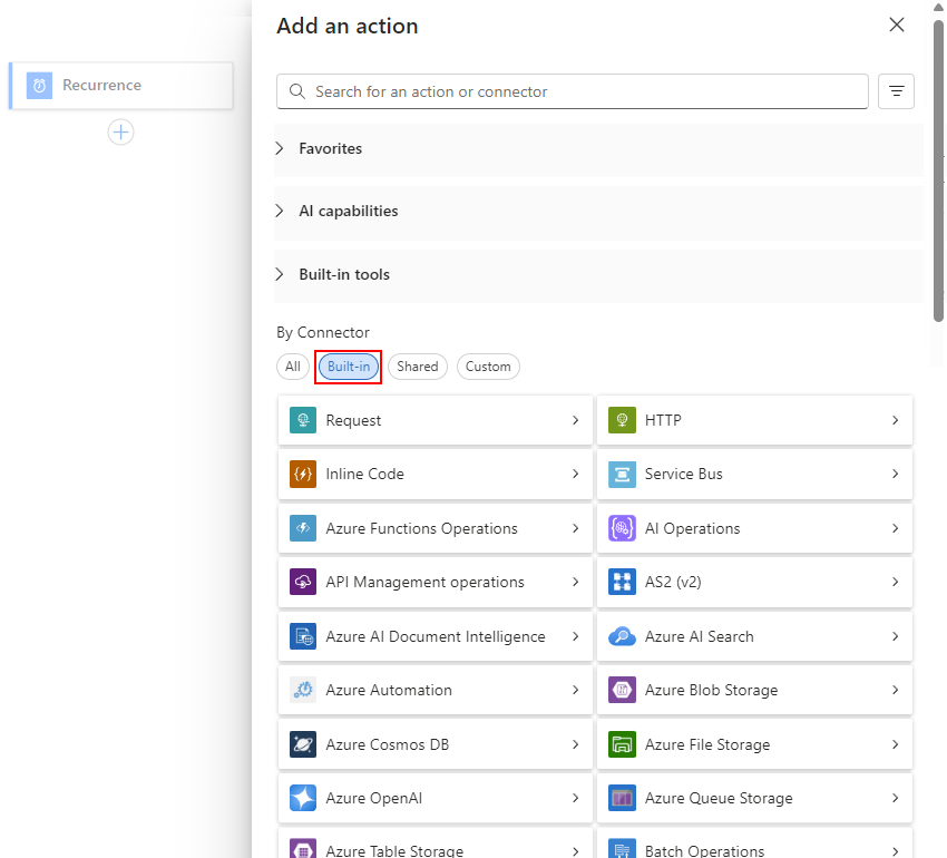 屏幕截图显示了标准工作流设计器和名为“添加操作”的窗格。在“按连接器”部分中,已选择“内置”选项。