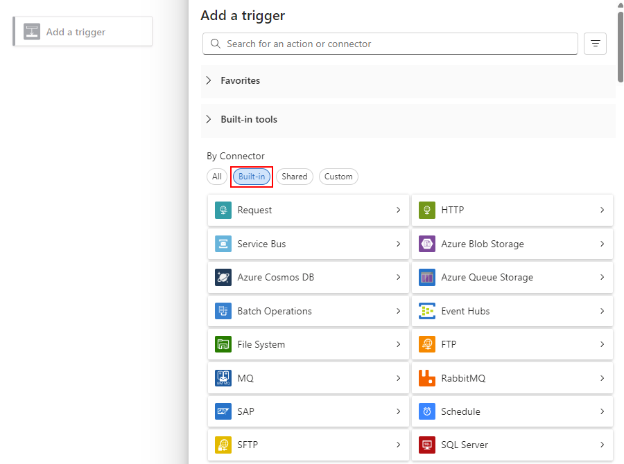 屏幕截图显示了标准空白工作流设计器和名为“添加触发器”的窗格。在“按连接器”部分中,已选择“内置”选项。