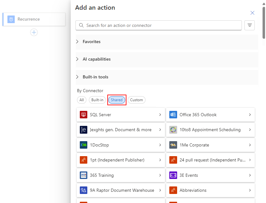 屏幕截图显示了消耗工作流设计器和名为“添加操作”的窗格。在“按连接器”部分中,已选择“共享”选项。