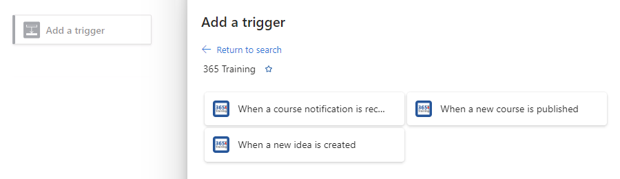 屏幕截图显示了标准工作流设计器,以及包含触发器的 365 训练连接器。