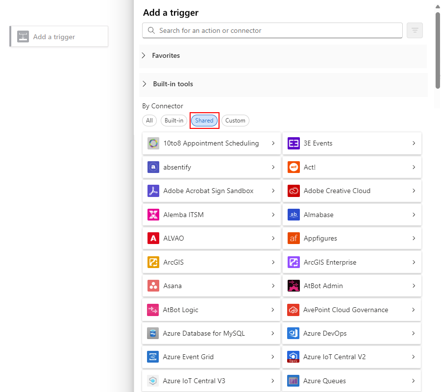 屏幕截图显示了消耗空白工作流设计器和名为“添加触发器”的窗格。在“按连接器”部分中,已选择“共享”选项。