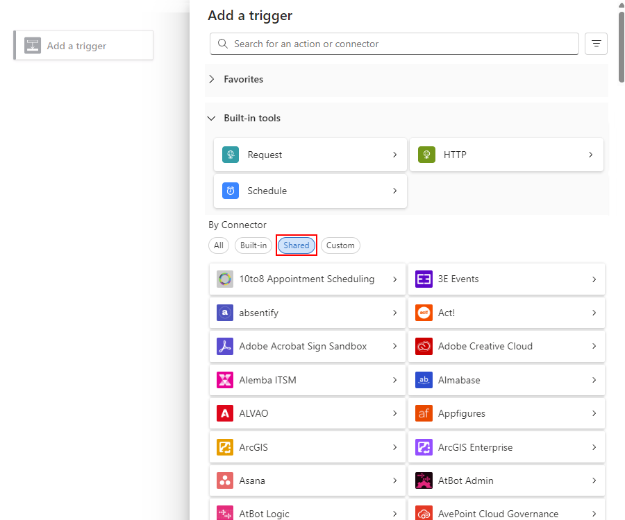屏幕截图显示了标准空白工作流设计器和名为“添加触发器”的窗格。在“按连接器”部分中,已选择“共享”选项。