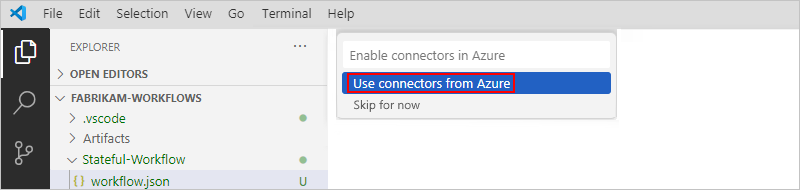 屏幕截图显示了“资源管理器”窗格，其中打开了名为“在 Azure 中启用连接器”的列表且选择了“使用 Azure 提供的连接器”选项。
