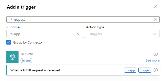 屏幕截图显示了工作流设计器、“添加触发器”窗格,以及名为“收到 HTTP 请求时”的选定触发器。