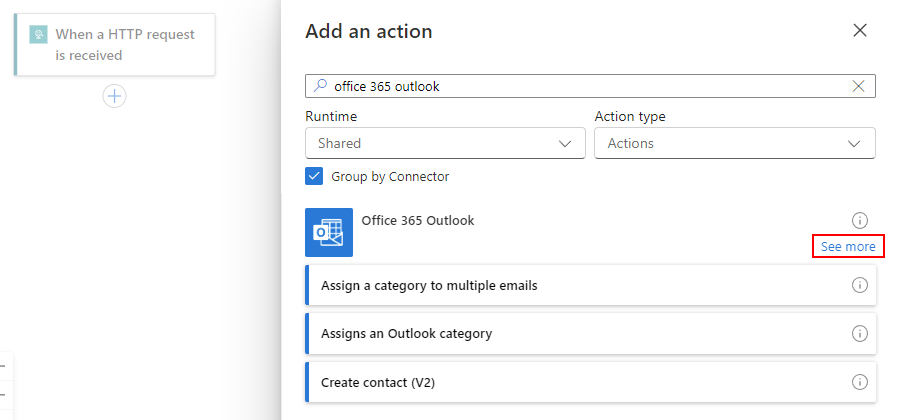 屏幕截图显示工作流设计器:添加带有动作搜索结果的动作窗格,并选择“查看更多选项”。