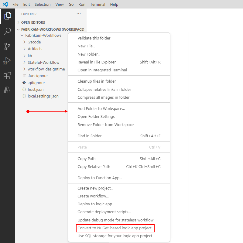 屏幕截图显示了“资源管理器”窗格,其中项目快捷菜单从项目下的空白区域打开。