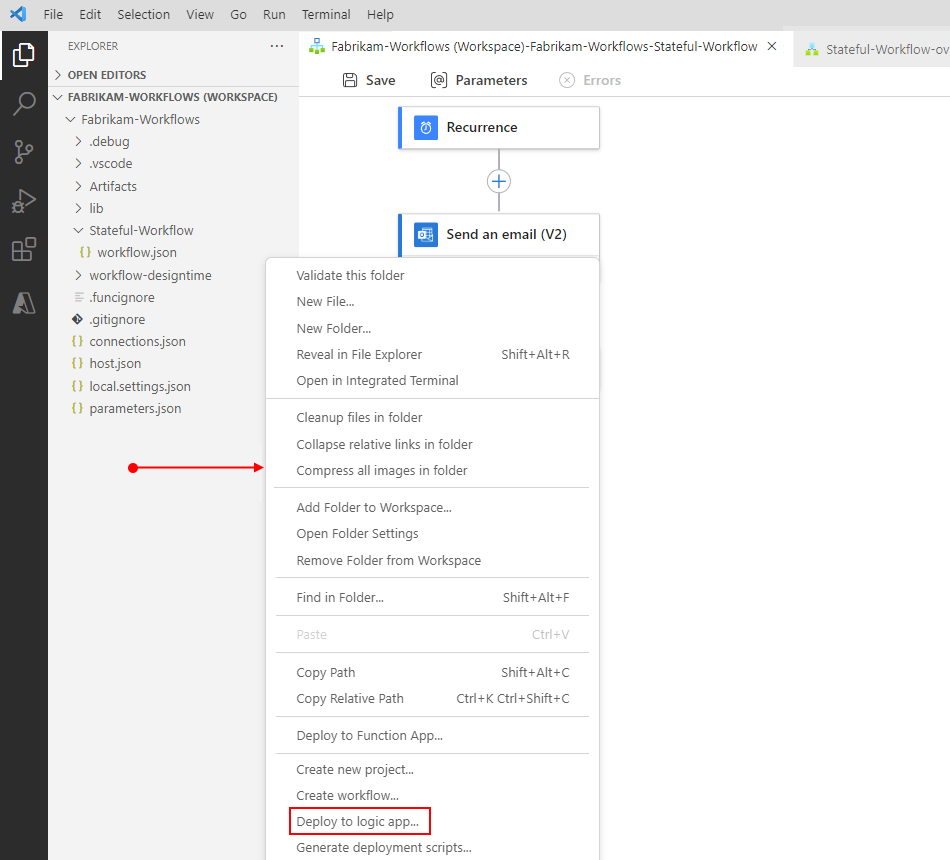 屏幕截图显示了“资源管理器”窗格、从项目下的空白区域打开的快捷菜单,以及“部署到逻辑应用”的选定选项。