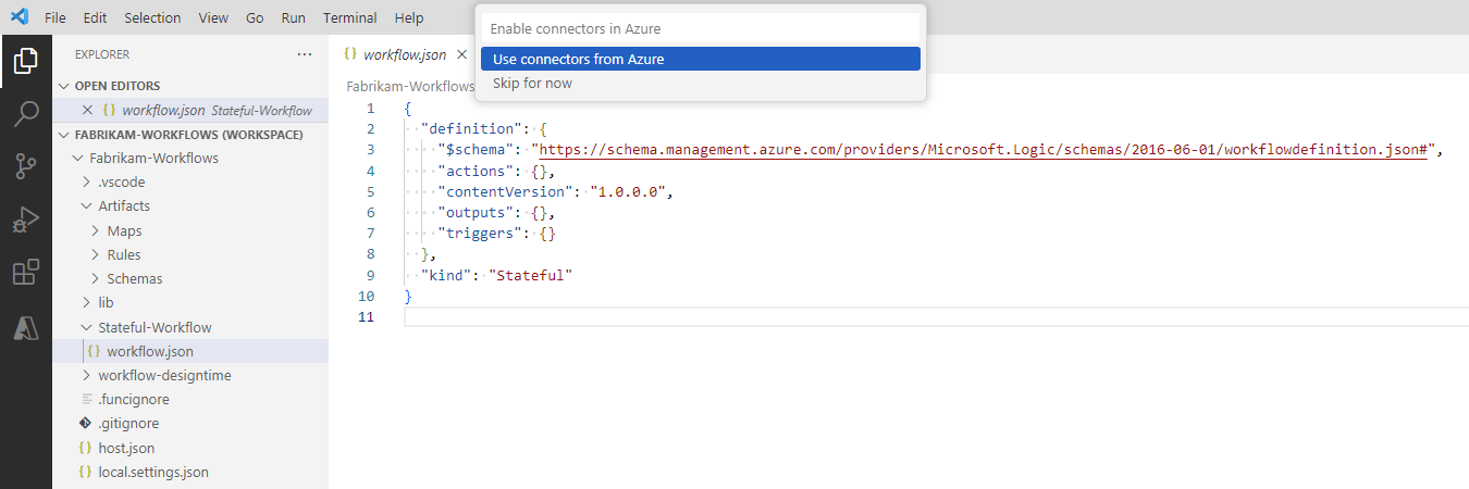 屏幕截图显示了打开的逻辑应用项目,其中提示启用 Azure 托管连接器。