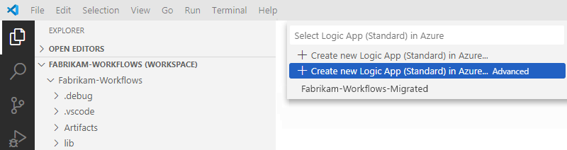 屏幕截图显示了部署选项列表和所选选项,用于使用自定义步骤创建新的标准逻辑应用资源。