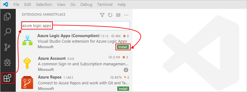 查找“适用于 Azure 逻辑应用的 Visual Studio Code 扩展”