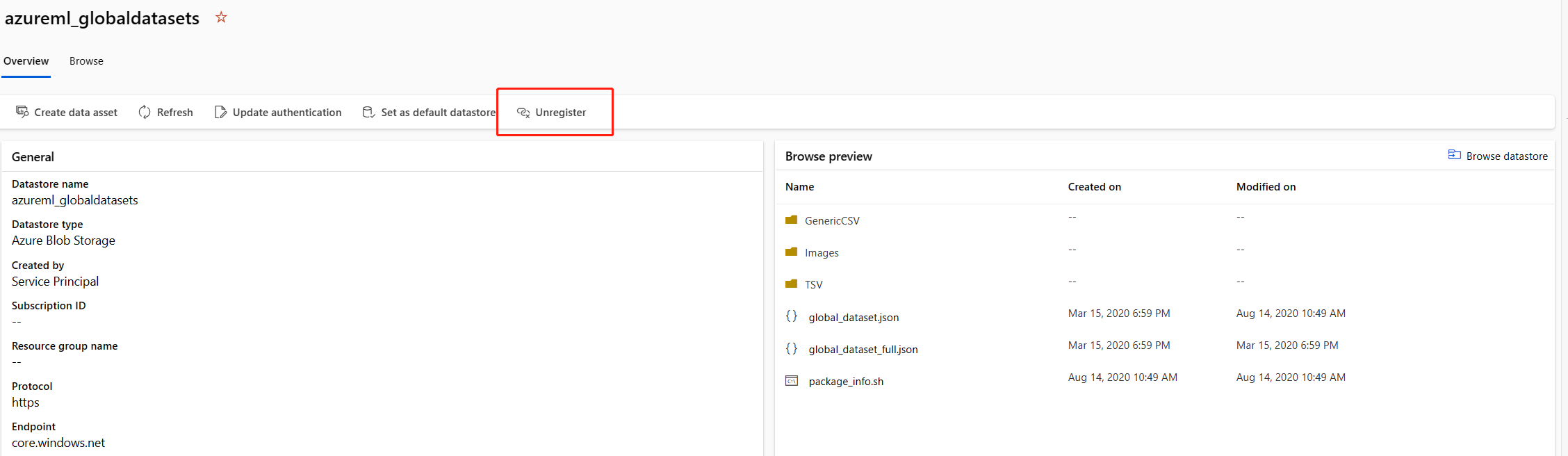 注销示例数据存储的屏幕截图。