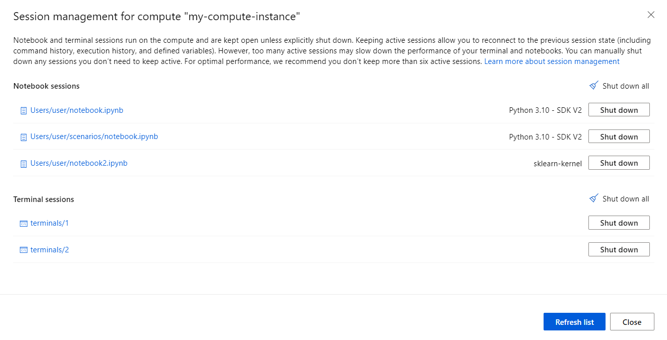 计算会话管理面板的屏幕截图。