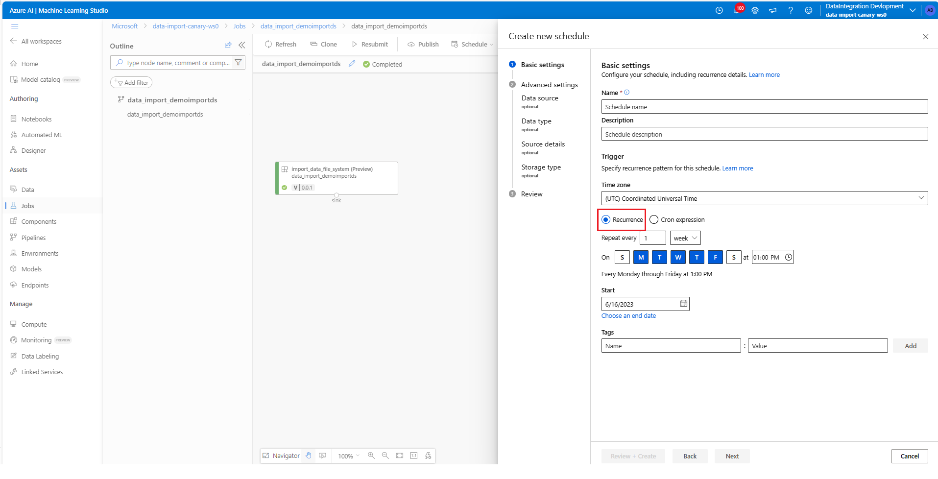 显示了基本设置的计划创建向导的屏幕截图。