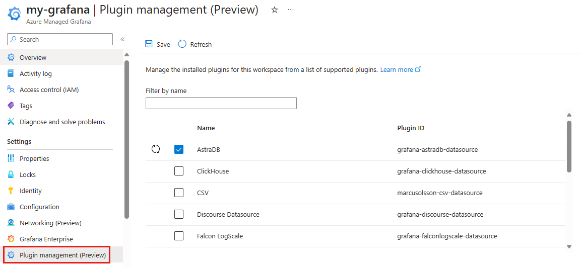 Screenshot of the Plugin management feature data source page.