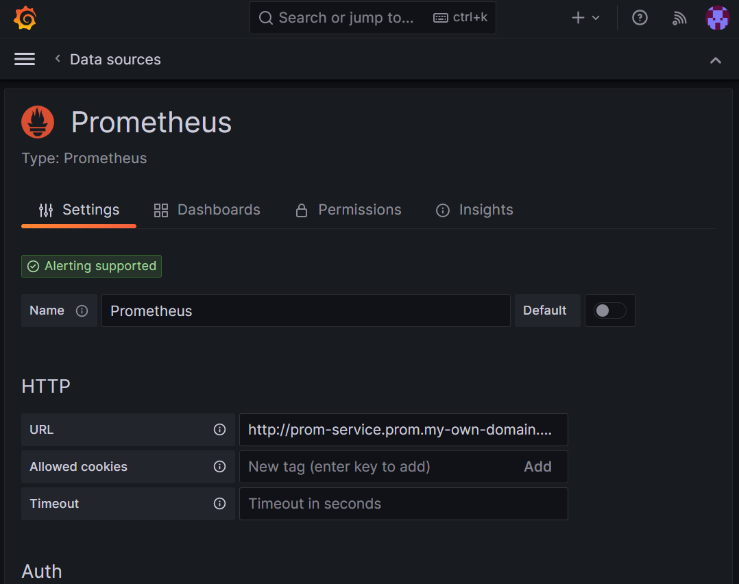 Grafana 平台的屏幕截图，其中显示了将 Prometheus 添加为数据源。