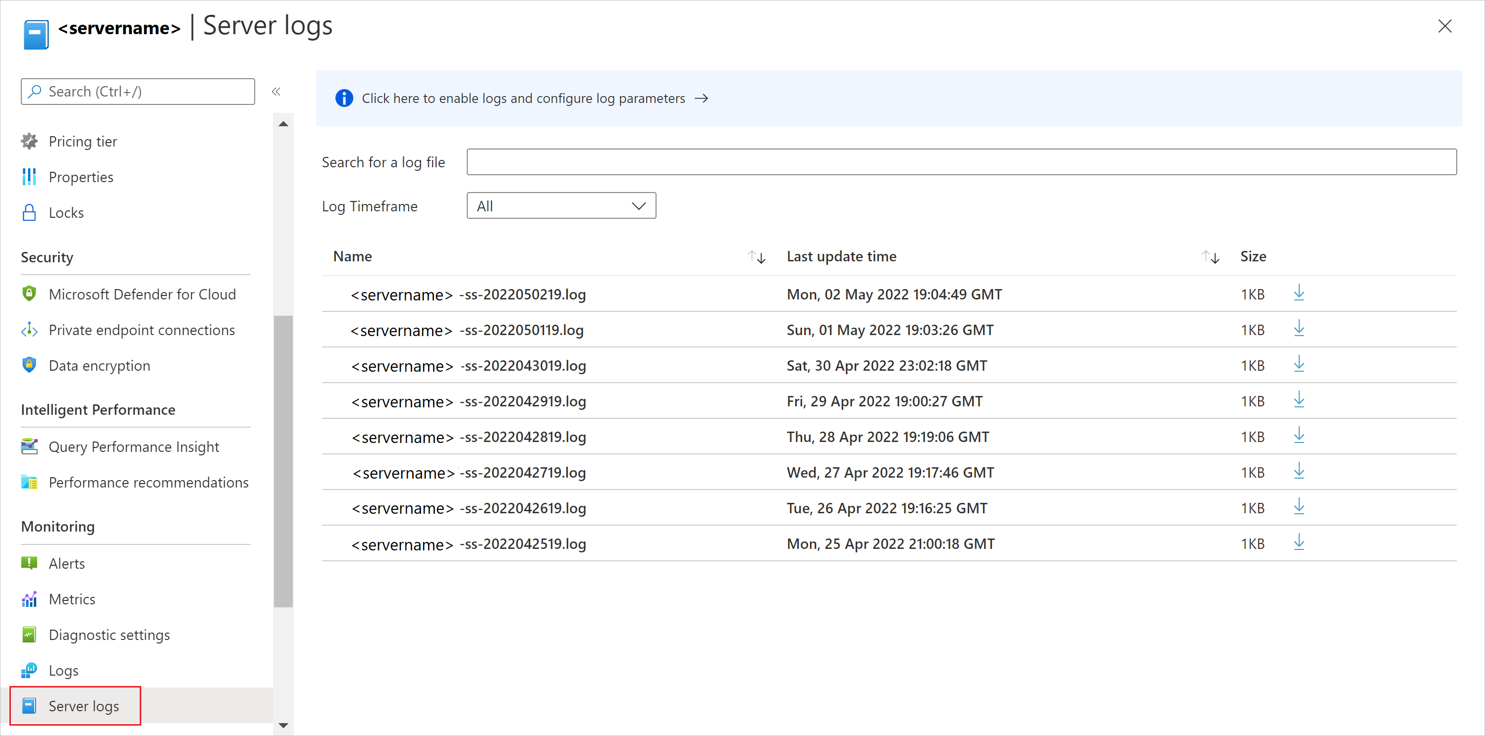 屏幕截图,其中显示 Azure Database for MySQL 灵活服务器正在从日志检索数据。