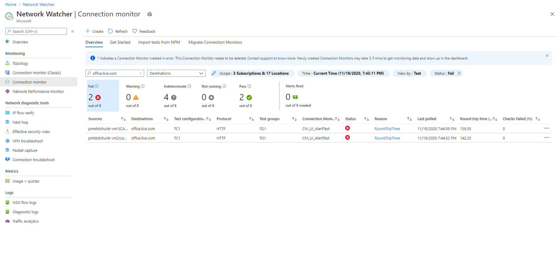 显示筛选为仅显示 outlook.office365.com 目标测试失败的视图的屏幕截图。