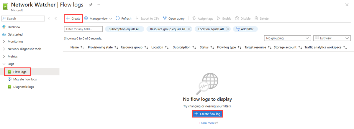 屏幕截图显示了 Azure 门户中网络观察程序流日志。