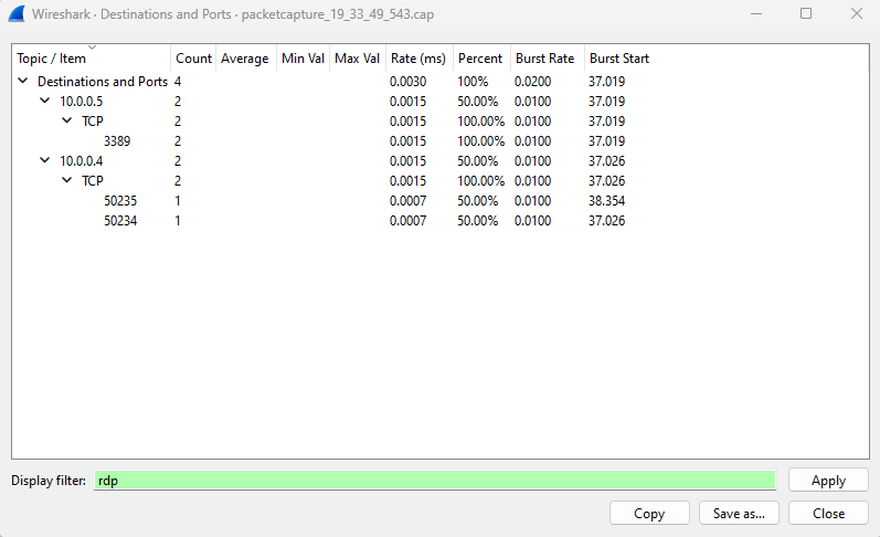 显示 RDP 目标和 Wireshark 中使用的端口的屏幕截图。