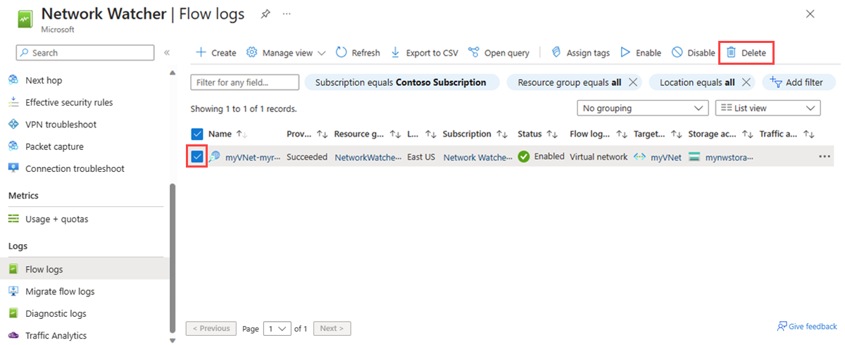 屏幕截图显示了如何在 Azure 门户中删除流日志。
