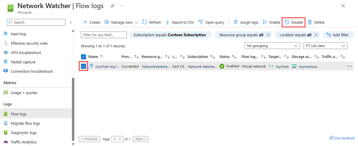 屏幕截图显示了如何在 Azure 门户中禁用流日志。