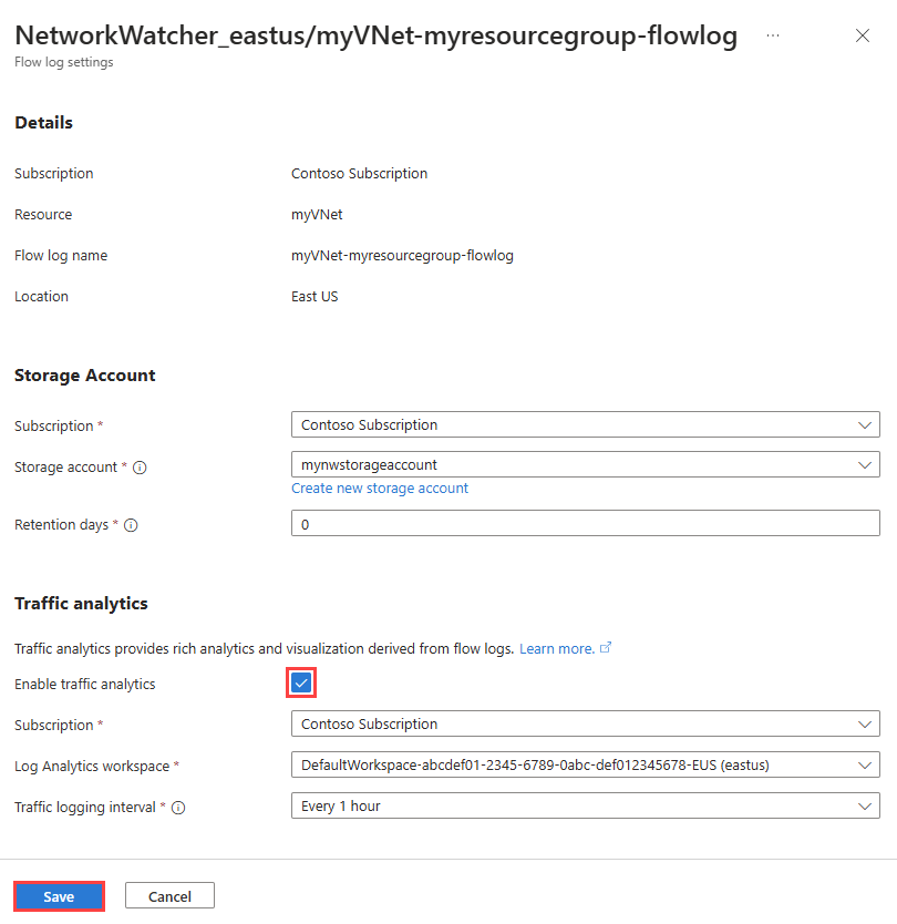 屏幕截图显示了如何在 Azure 门户中为现有流日志禁用流量分析。