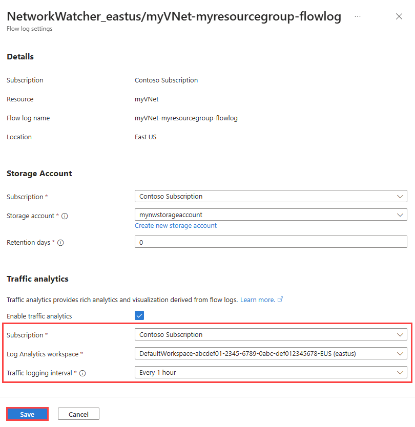 屏幕截图显示了在 Azure 门户中为现有流日志配置流量分析。
