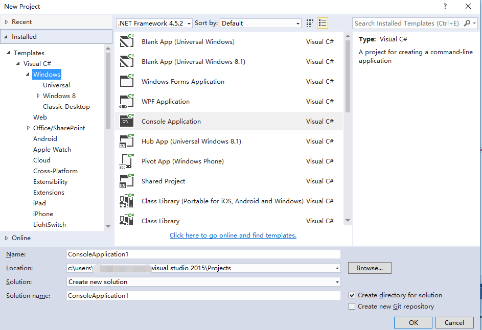 “新建项目”对话框的屏幕截图，其中突出显示了控制台应用程序 Visual C# 选项。
