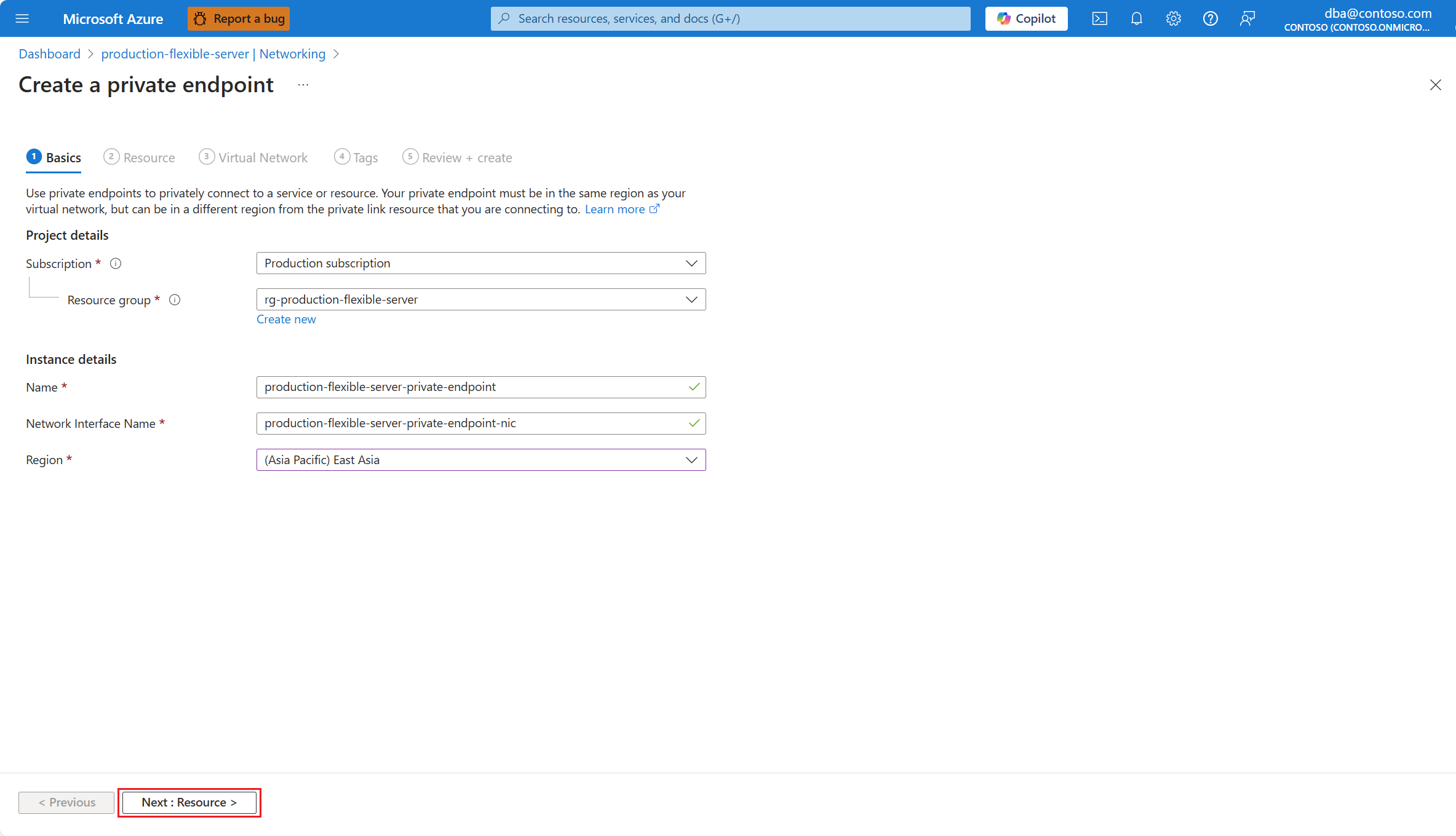 显示“创建专用终结点”的“基本信息”页的屏幕截图。