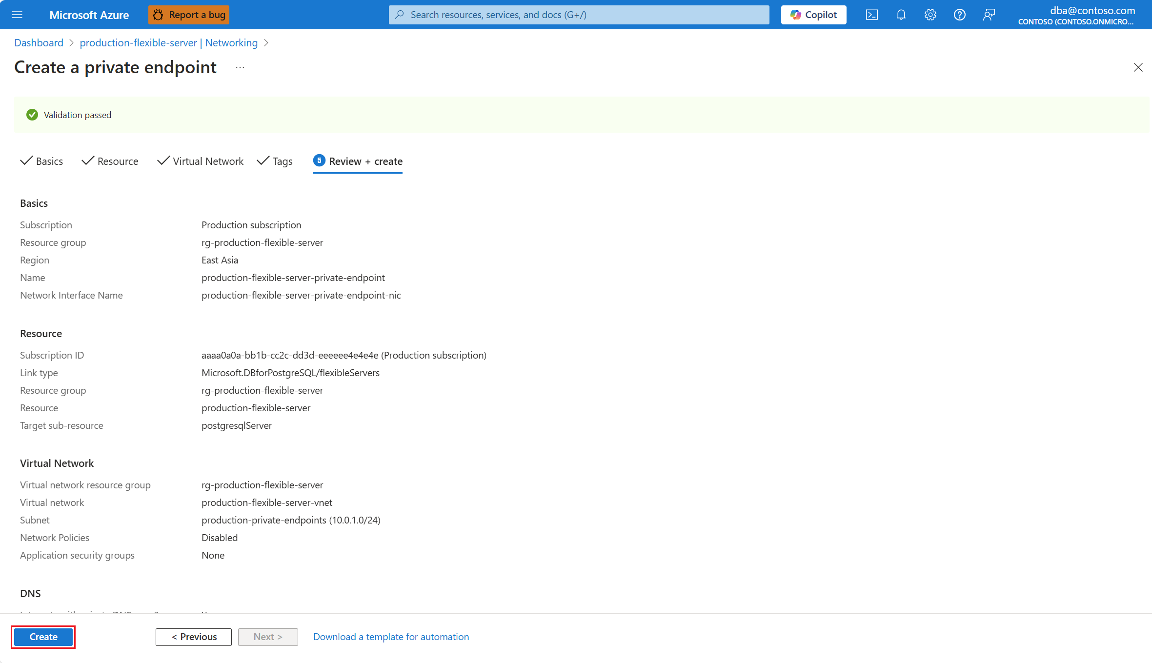显示“创建专用终结点”的“查看 + 创建”页的屏幕截图。