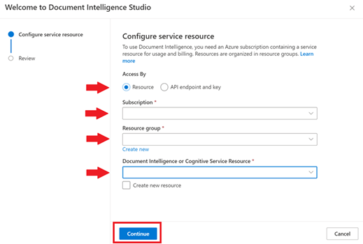 显示在 Document Intelligence Studio 中配置服务资源的屏幕截图。