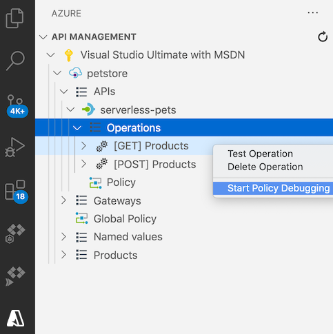 在 Visual Studio Code 中启动策略调试会话的屏幕截图。