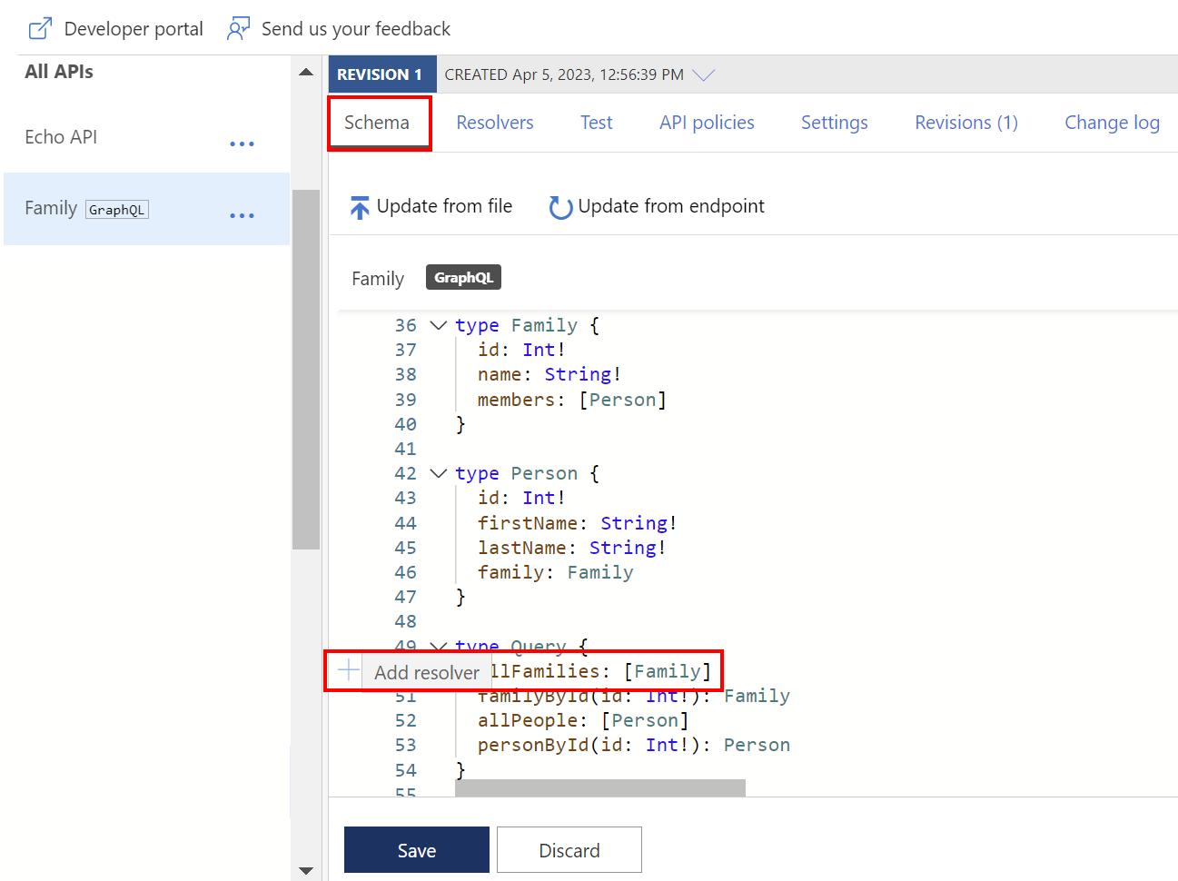 在 Azure 门户中从 GraphQL 架构的字段添加解析器的屏幕截图。