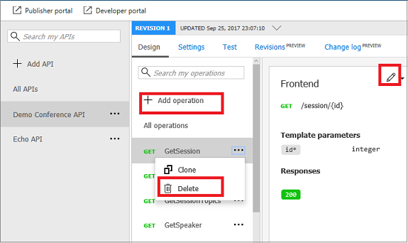 Screenshot that shows the process for editing an API in API Management.