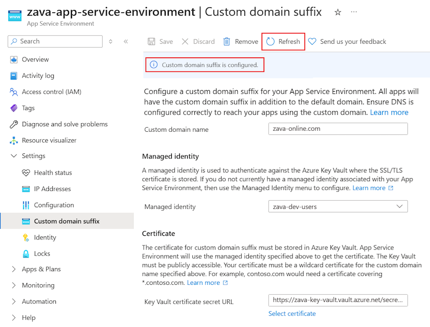 Azure 门户页面横幅的屏幕截图，其中显示了对自定义域后缀的成功更改。