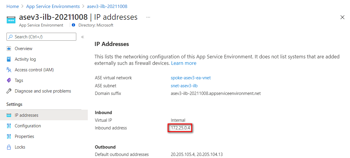 从 ILB 应用服务环境的“IP 地址”设置获取入站地址的屏幕截图。