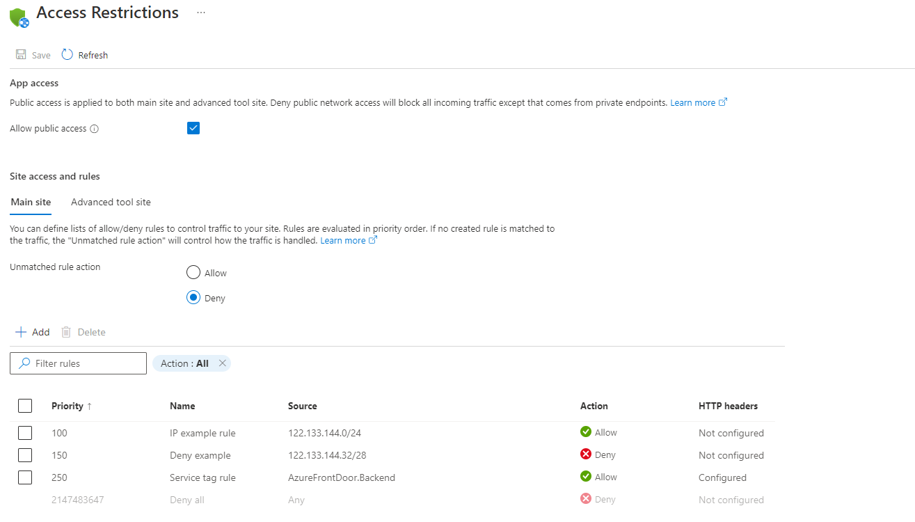 Azure 门户中“访问限制”窗格的屏幕截图，显示为所选应用定义的访问限制规则的列表。