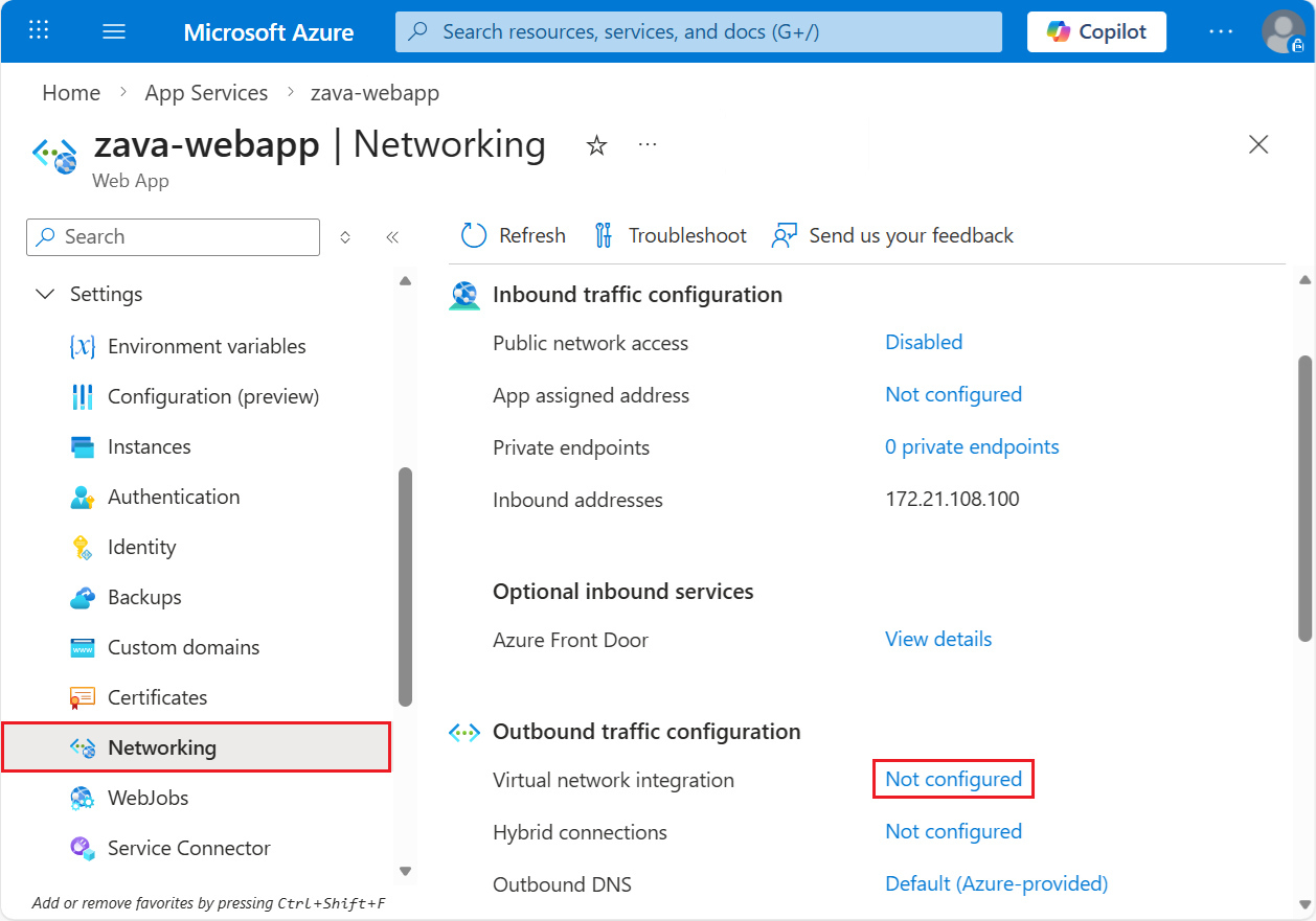 屏幕截图，演示如何在 Azure 门户中选择“未配置”链接进行虚拟网络集成。