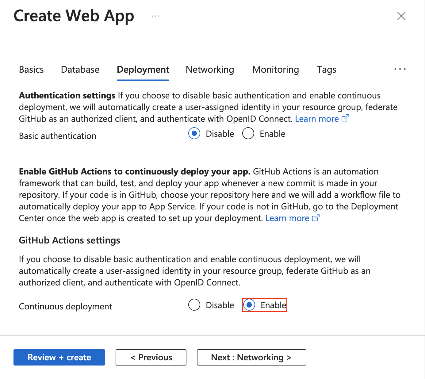 显示如何在“应用服务部署”选项卡中启用 GitHub Actions 部署的屏幕截图。