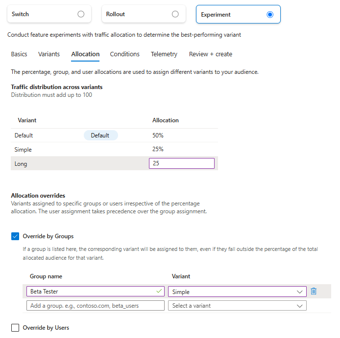 Azure门户的截图，显示了创建功能标志功能——实验选项的分配标签页。