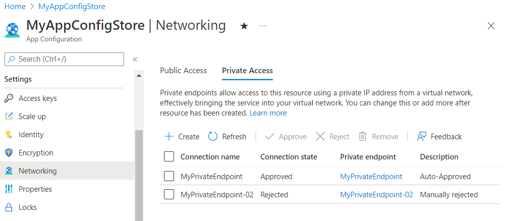 Azure 门户的截图，查看现有端点。